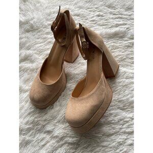 WET KISS Women's Beige Faux Suede Block Heel Platform Ankle Strap Shoes Size 10